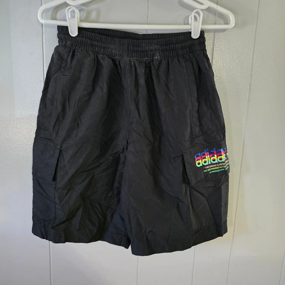 Adidas‎ Cargo Shorts Mens Small Black Multi Color Stacked Logo Trefoil Nylon